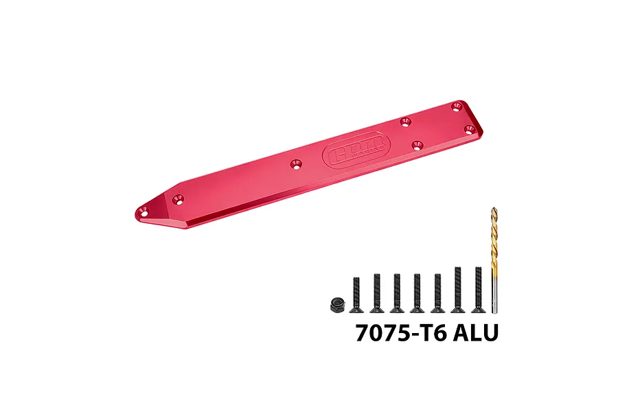GPM Aluminium Rear Skid Plate Brace in red, accompanied by installation screws, a locknut, and a drill bit.