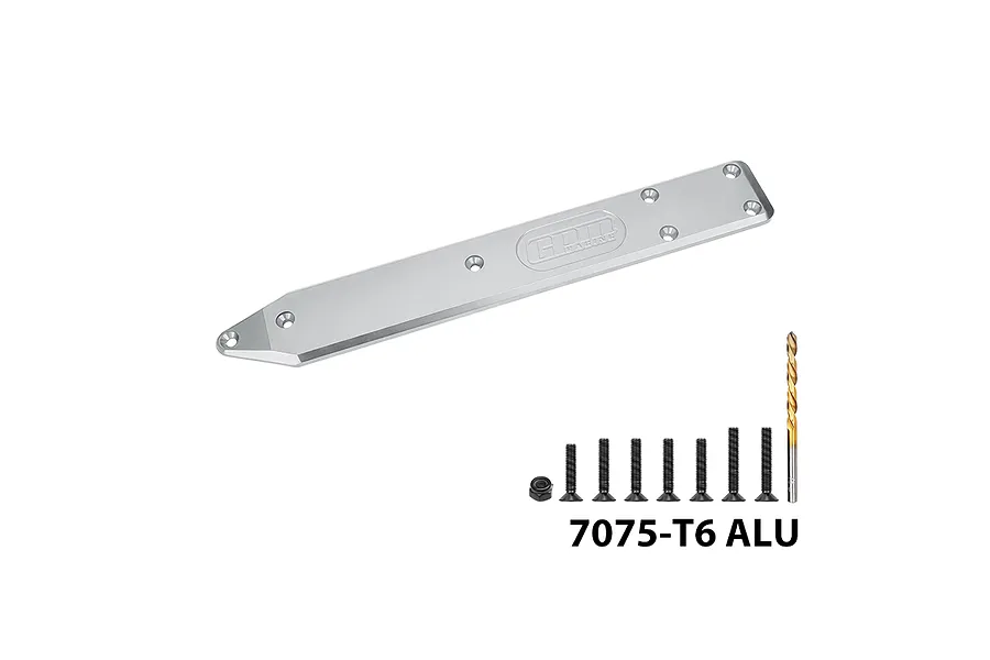 GPM silver aluminium rear skid plate brace with included mounting screws, nut, and a drill bit on a white background.