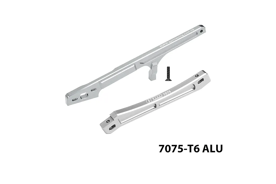 GPM aluminium front and rear chassis braces in silver with mounting hardware and 7075-T6 ALU text.