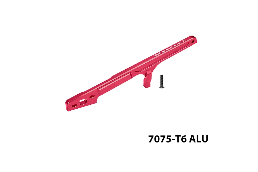 GPM red anodised aluminium rear chassis brace with a mounting screw and text 7075-T6 ALU on a white background.