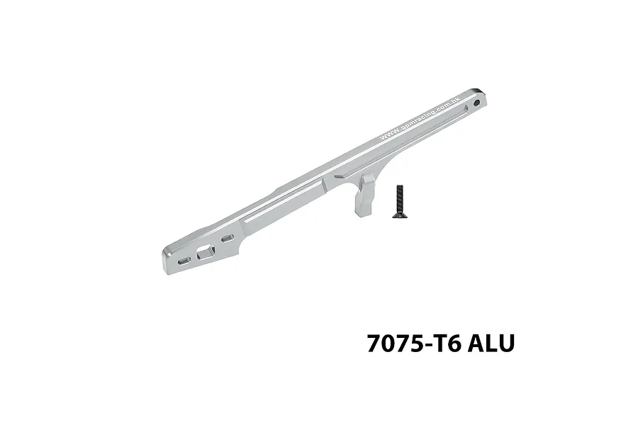 GPM silver aluminium rear chassis brace with mounting screw on a plain white studio background.