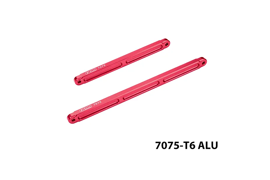 Two red anodized aluminium centre chassis braces with laser-etched branding against a clean white background.