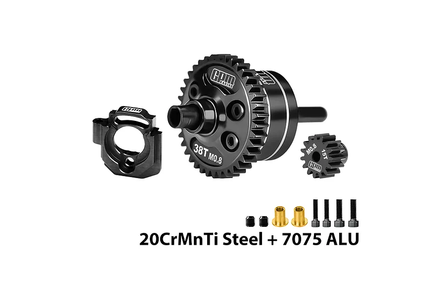 GPM Racing black centre differential with 38T gear, 15T pinion gear, motor plate, and hardware on a white background.