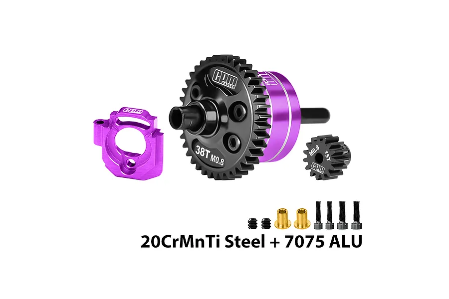 GPM Racing purple and black centre differential set with 38T gear, 15T pinion gear, motor plate, and hardware on a white background.