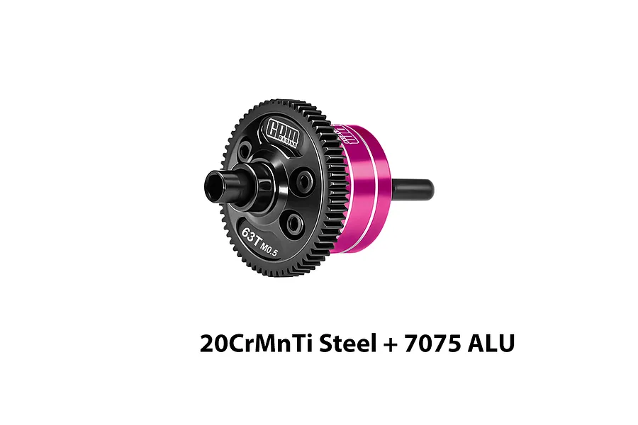GPM Racing complete 63T center differential with pink and black metal housing and gear against a plain background.