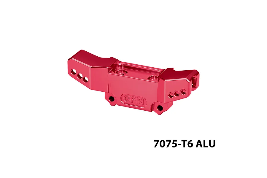 Red anodised aluminium front shock tower for RC cars, featuring multiple mounting holes and GPM branding.