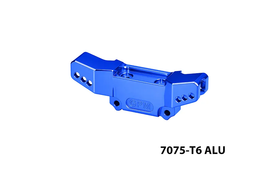 GPM blue anodised aluminium front shock tower featuring multiple mounting holes and the GPM logo, shown against a plain white background.