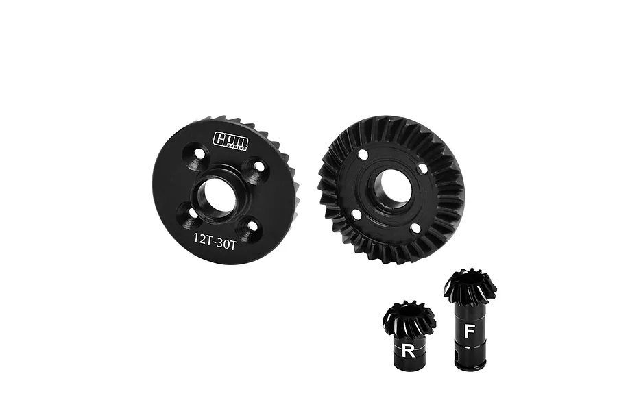 GPM Racing black steel differential gear set including two ring gears and two pinion gears marked F and R.