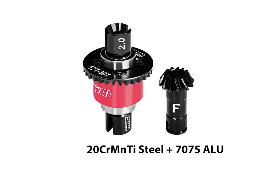 GPM Racing complete front differential set with red and black metal components, including a main gear and pinion gear.
