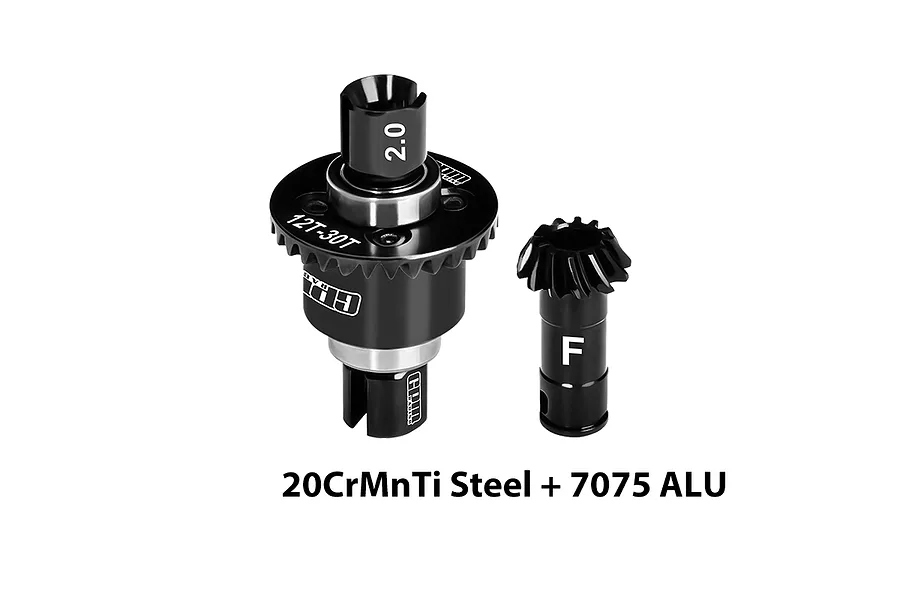 GPM Racing black complete front differential assembly with steel and aluminum parts, including ring gear marked 12T-30T and pinion gear.