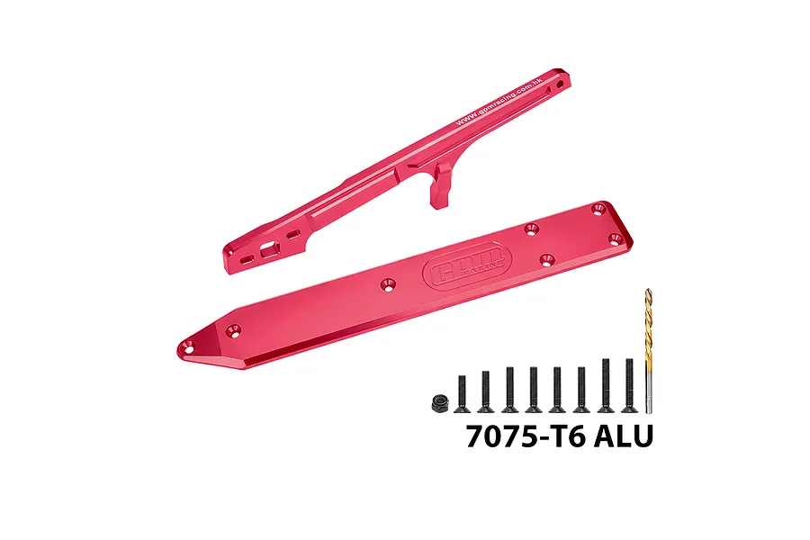 GPM red anodised aluminium rear chassis brace and skid plate set with mounting screws and drill bit.