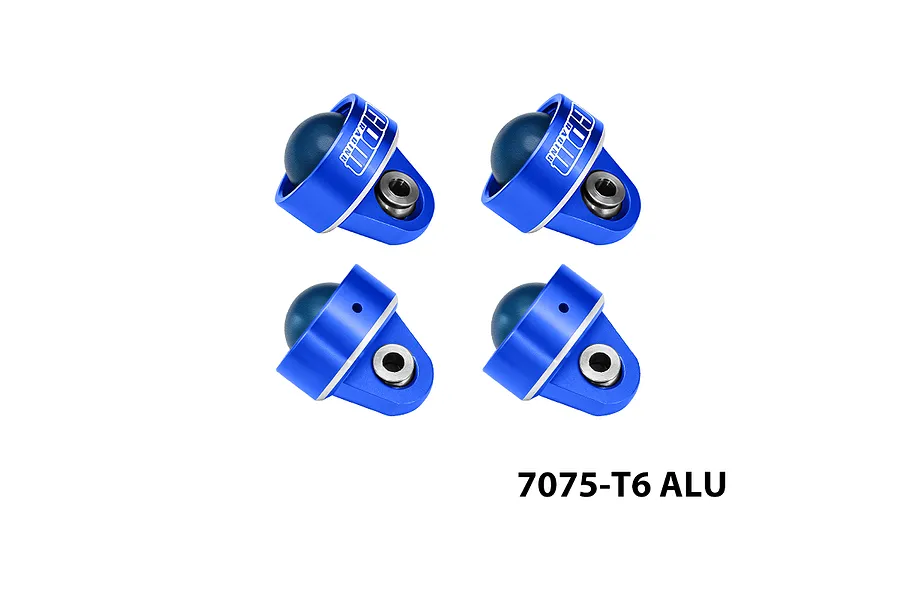 Four blue anodized aluminium shock caps with ball joints, displayed against a clean white background.
