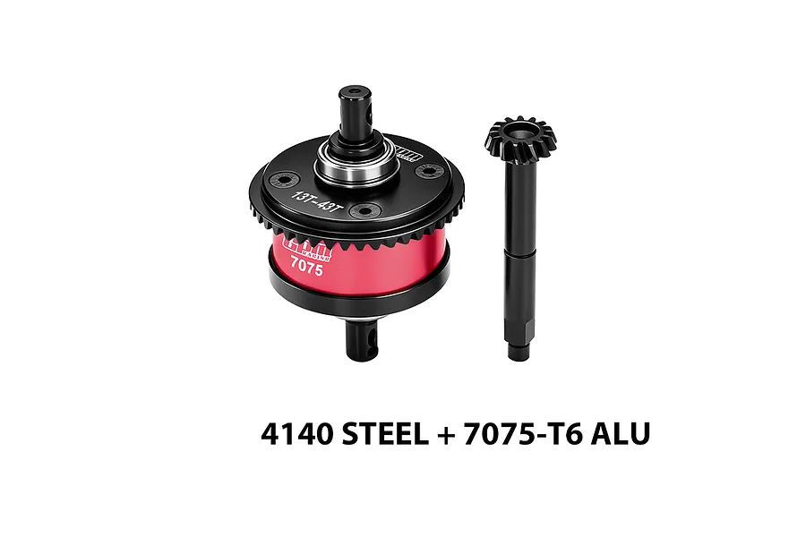 GPM Racing complete red and black centre differential assembly with a matching pinion gear against a plain white background.