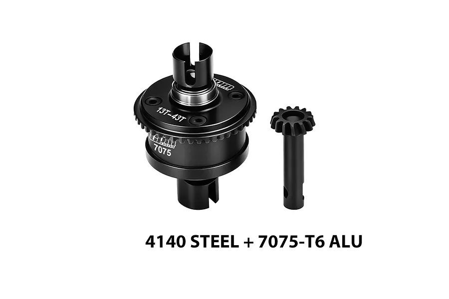 GPM black steel and aluminum 13T/43T complete differential and pinion gear set against a white background.