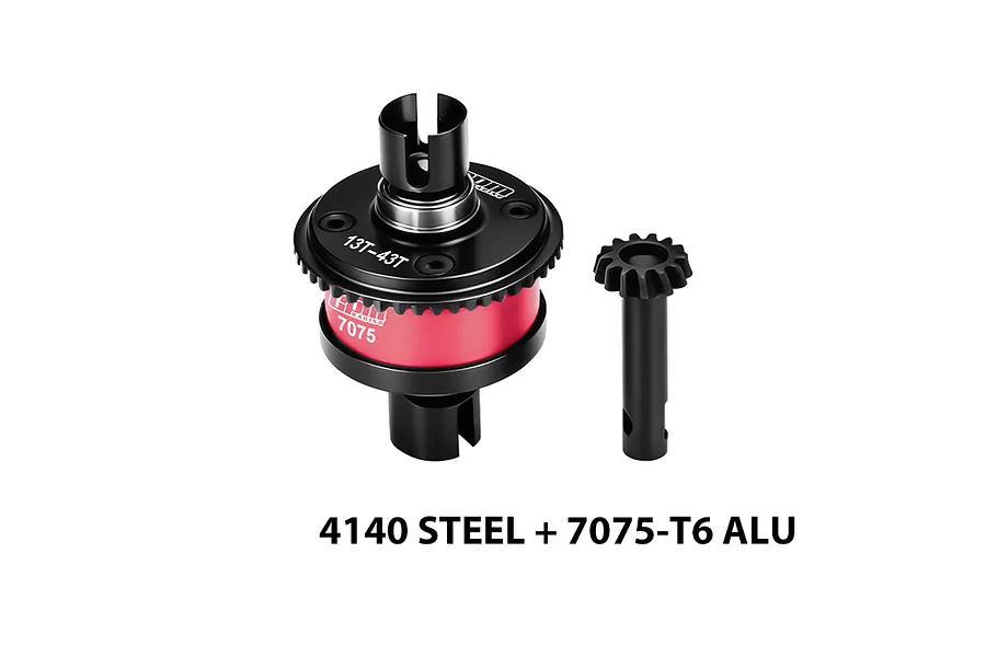 GPM red and black complete front or rear differential with bevel gear and steel/aluminium construction on white background.