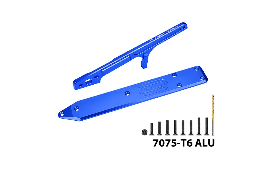 GPM blue anodised aluminium rear chassis brace and skid plate set with mounting hardware and a drill bit.