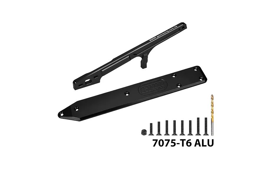 GPM aluminium rear chassis brace and skid plate in black with included screws, nut, and drill bit on a white background.