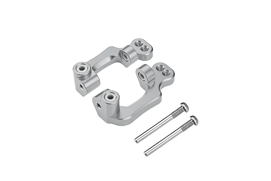 Two grey aluminium hub carriers and two matching metal screws isolated on a clean white background.