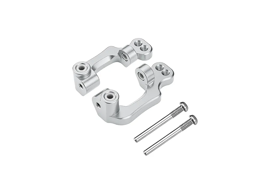 Two silver aluminium RC hub carriers and two steel screws displayed against a clean white background.