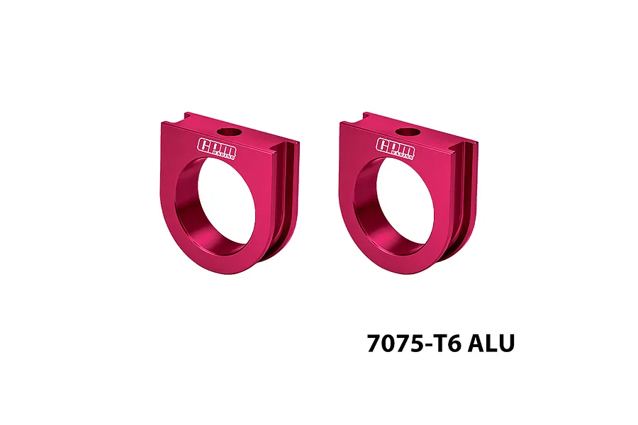 Two red anodised aluminium centre differential bearing braces from GPM Racing against a white background.