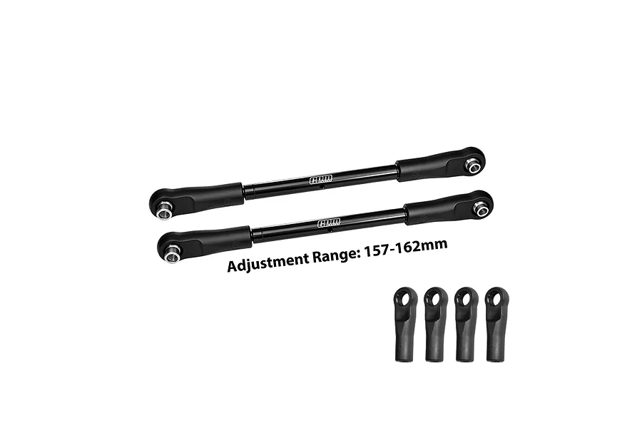 GPM adjustable rear upper toe links in black with metal shafts and additional plastic rod ends shown on a white background.