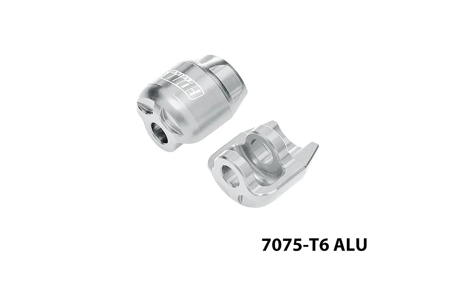 Two silver aluminium shock cap protectors with GPM Racing branding and text 7075-T6 ALU in the corner.