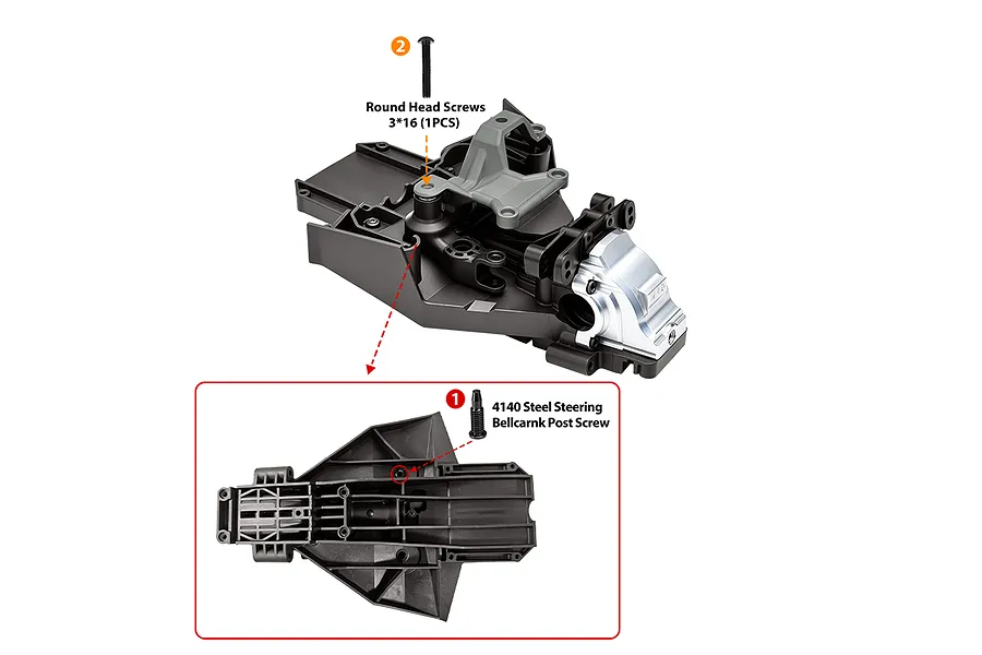 Installation diagram showing the placement of the GPM steel steering bell crank post support screw on an RC chassis component.