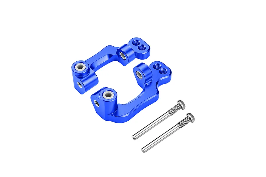 Two blue anodized aluminium hub carriers and two metal screws on a white background.
