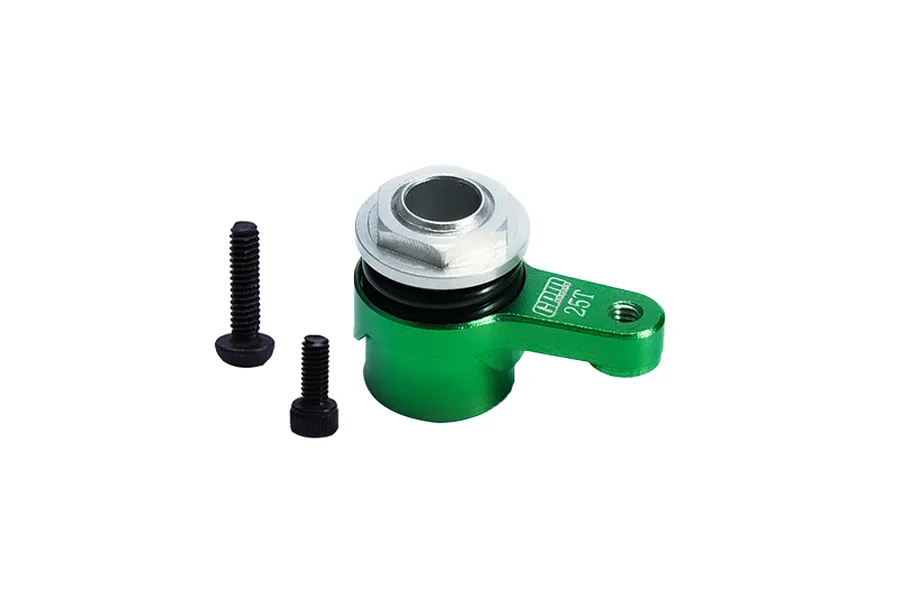 GPM Aluminium 25T Servo Horn with Servo Saver in green, accompanied by two metal screws against a plain white background.