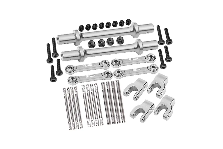 GPM aluminium front and rear sway bar set in silver, showing sway bars, linkages, mounting brackets, and hardware against a white background.