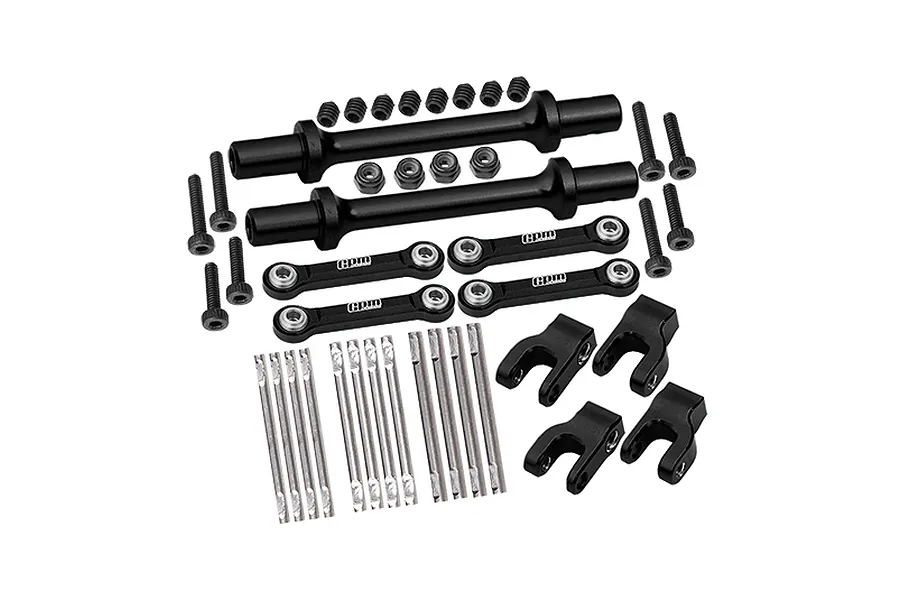 GPM Aluminium Front &amp; Rear Sway Bar Set in black, showing sway bars, links, brackets, and hardware on a white background.