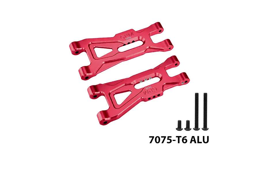 Two red anodised aluminium front lower suspension arms and four black screws on a white background.