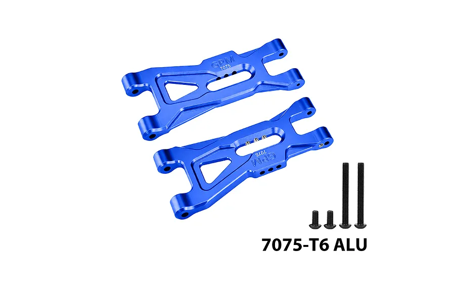 GPM aluminium front lower suspension arms in blue with mounting hardware on a white background.