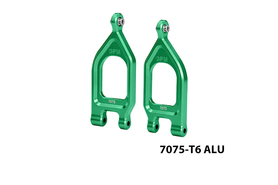 GPM green anodised aluminium front upper suspension arms for RC models, presented against a plain white background.