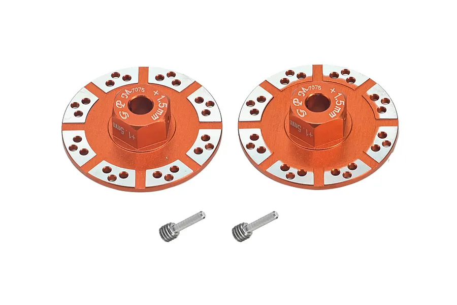 Two orange anodised aluminium brake disc wheel hexes with silver accents and two threaded pins on a white background.