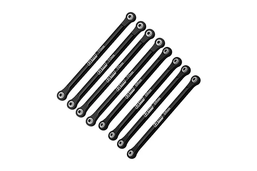 GPM Aluminium Upper and Lower Link Bar Set in black featuring 8 pieces with etched lengths on a white background.