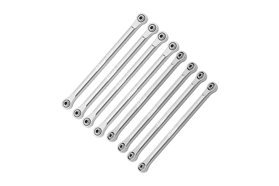 GPM aluminium upper and lower link bar set in silver consisting of eight pieces with pre-installed rod ends against a white background.