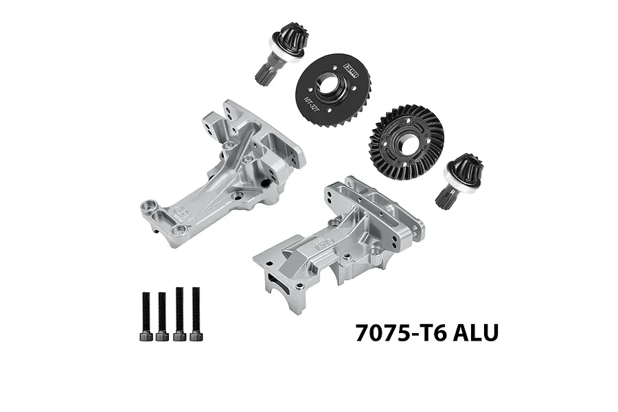 GPM Aluminium Front and Rear Upper Bulkhead Set in silver with associated gears and hardware components.