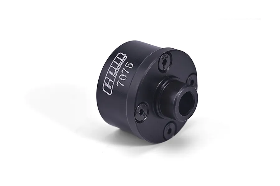 GPM Racing black anodized aluminum differential case with laser-etched branding and screws against a white background.