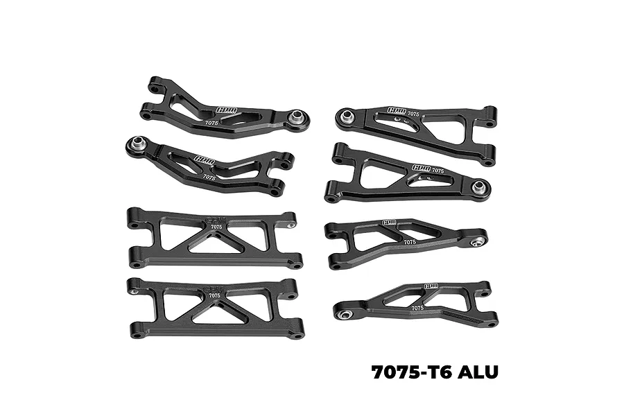 GPM Aluminium Complete Suspension Arm Set in black featuring eight various metal suspension arms laid out on a white background with text reading 7075-T6 ALU in the corner.