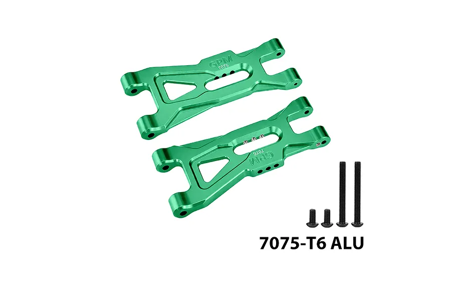 GPM green aluminium front lower suspension arms set with mounting hardware on white background.