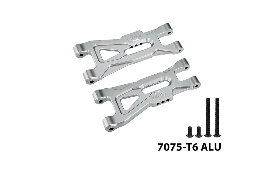 GPM aluminium front lower suspension arms in silver with included screws and text 7075-T6 ALU against a white background.