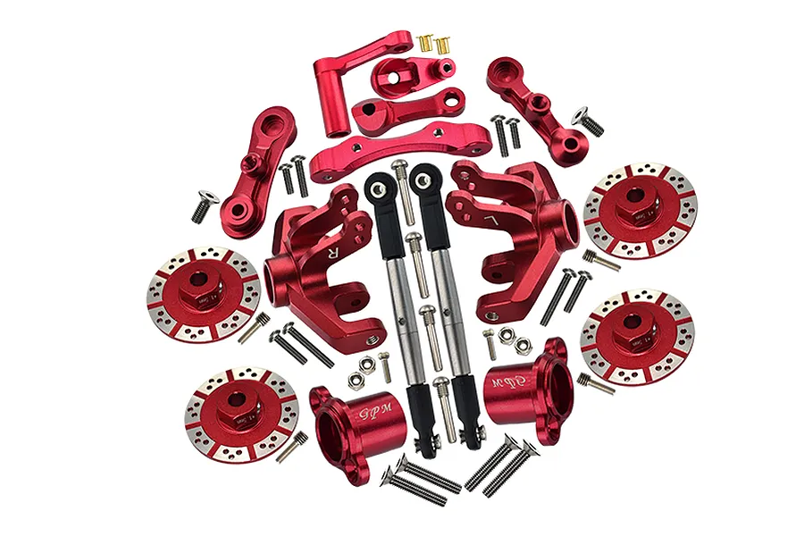 A complete set of red anodized aluminium RC upgrade parts including suspension arms, knuckles, linkages, wheel hexes, and screws on a white background.