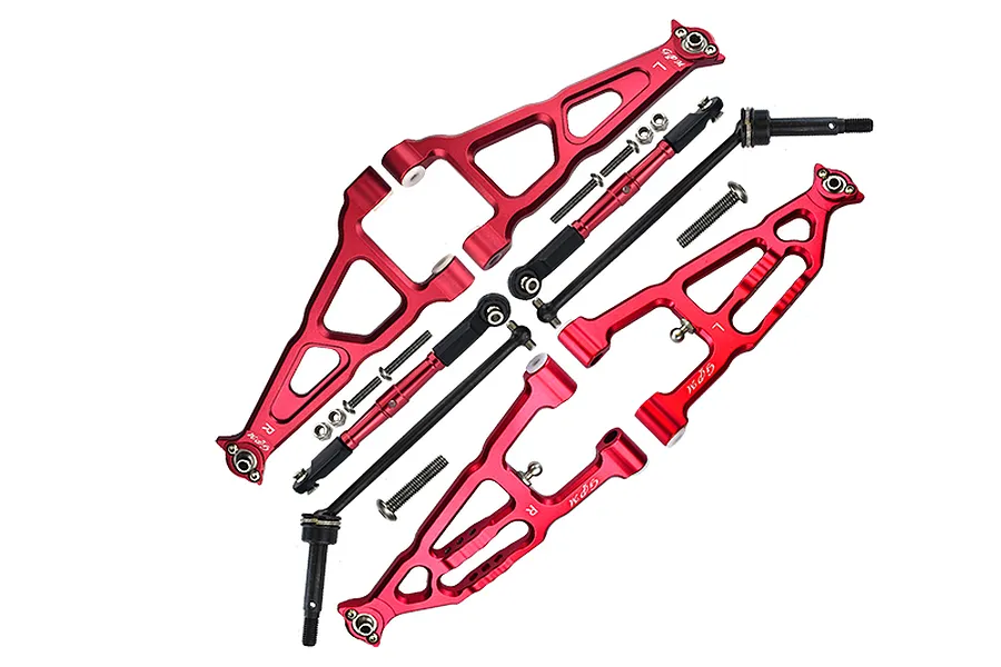 GPM red aluminium suspension arms with metal driveshafts, turnbuckles, and mounting hardware laid out on a white background.