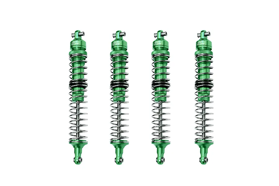 Four green aluminium adjustable RC shock absorbers with metal springs arranged vertically against a white background.