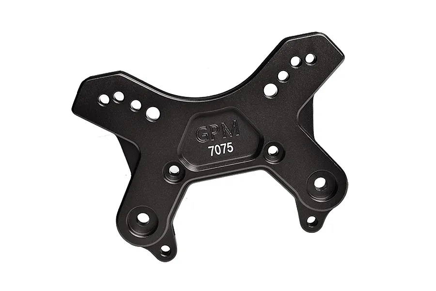 GPM aluminium front shock tower in black featuring multiple mounting holes and engraved GPM 7075 text against a clean white background.