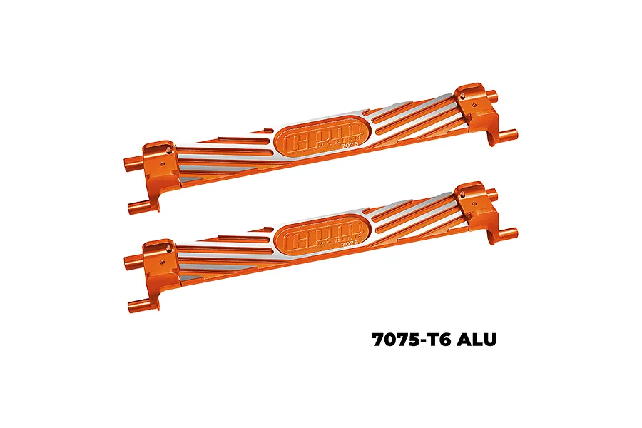 Two orange anodized aluminium battery hold-down straps from GPM Racing against a plain white background.