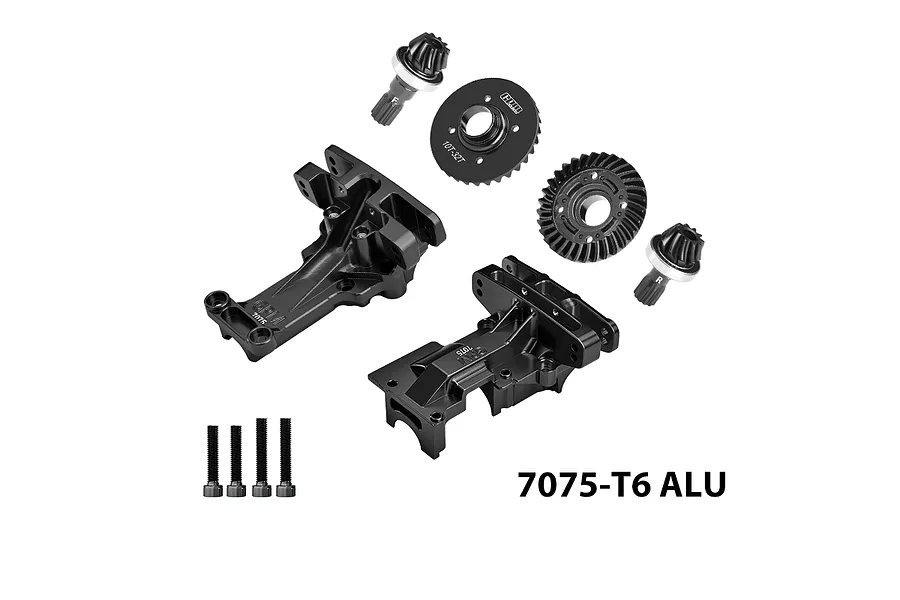 GPM aluminium front and rear upper bulkheads in black with differential gears and mounting screws laid out on a white background.
