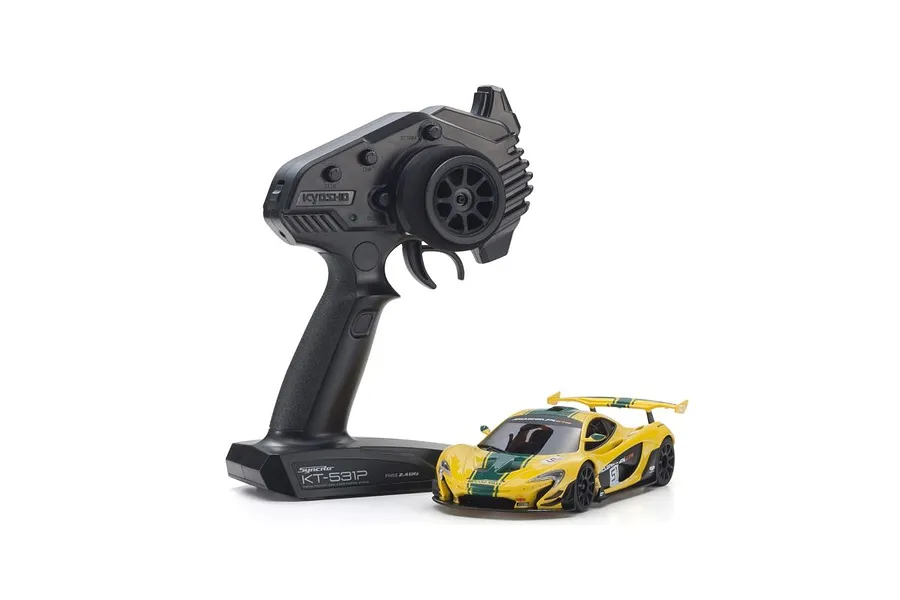 Kyosho Mini-Z McLaren P1 GTR in yellow and green alongside its KT-531P pistol-grip radio transmitter.