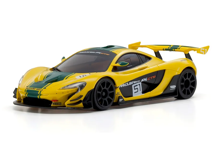 Kyosho Mini-Z McLaren P1 GTR RC car in yellow and green livery viewed from the front right side on a white background.
